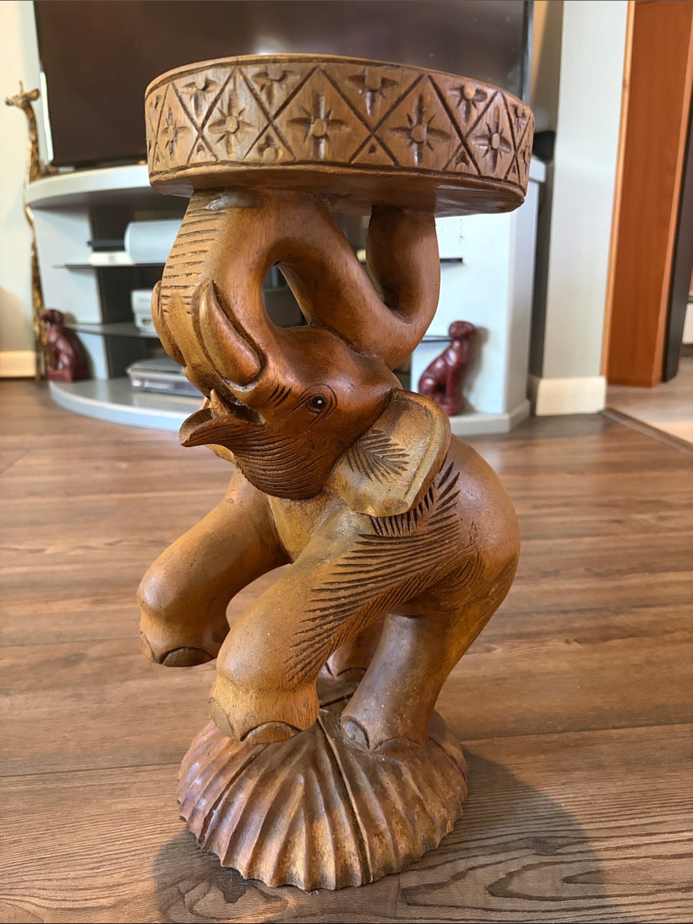 Hand-Carved Wooden Elephant Accent Table - Warm Brown